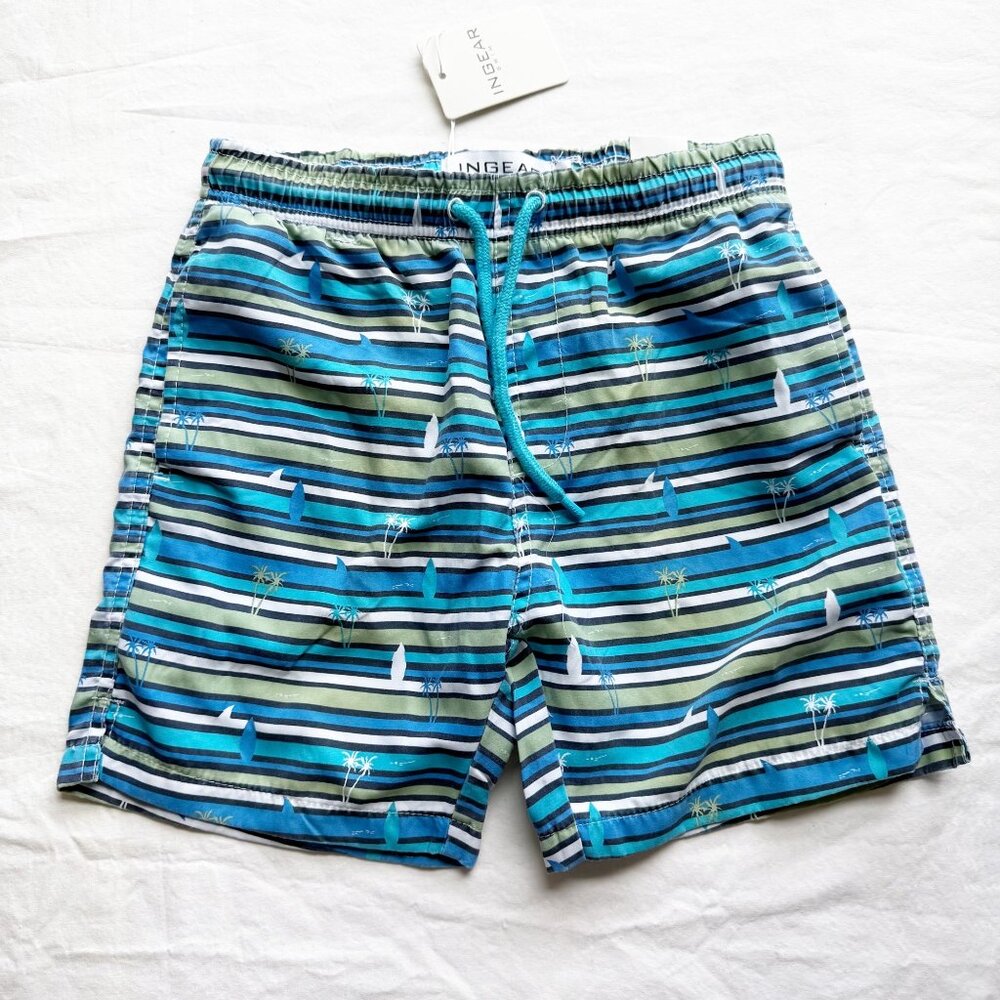 NWT Ingear Boys Striped Swim Trunks With Drawstring Size 8/10 Green & Blue